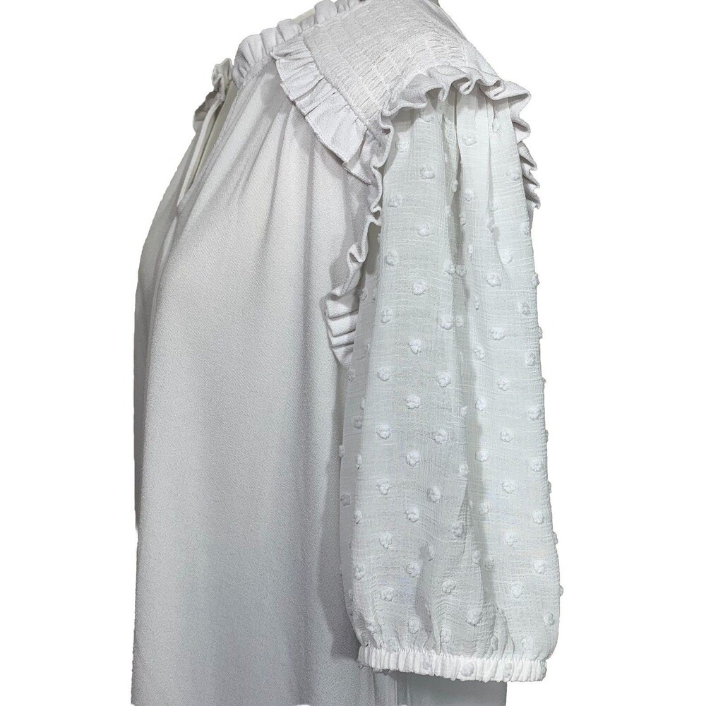 CeCe Blouse Womens XL White Swiss Dot Puff Sleeve Ruffle Smocked Mixed Media - Picture 3 of 6